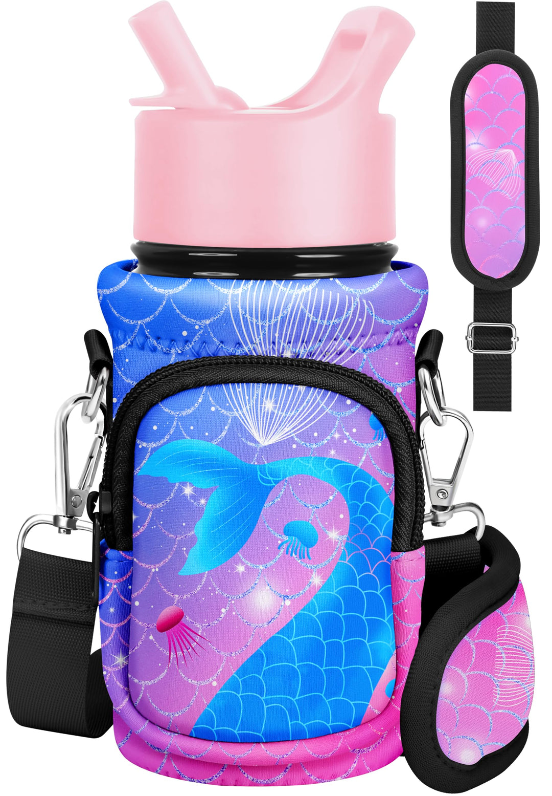 Miss Adola Water Bottle Carrier with Strap Cartoon Water Bottle Bags Holder for Kids Boys Girls Cute Neoprene Insulated Bottle Bag for 10/12/14/16/18Oz Stainless Steel Glass Bottles Sleeve, Fishtail