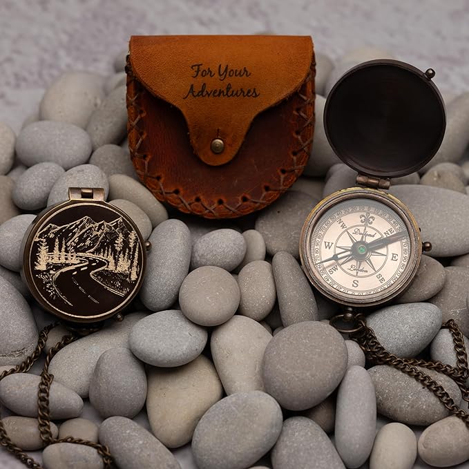 Antique Brass Compass with Leather Case - Mountains & Roads Engraved Pocket Compass for Men - Genuine Leather Pouch Stamped with 'For Your Adventures' - Vintage Gift for Husband, Father & Son