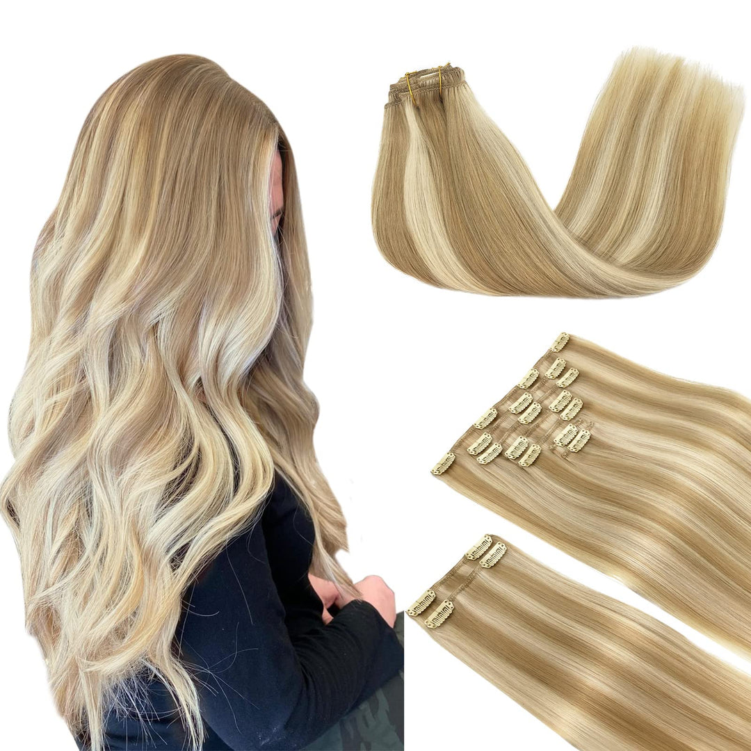 Doores Hair Extensions Clip In Human Hair, Dark Blonde Highlighted Bleach Blonde 150G 9Pcs 14 Inch, Remy Clip In Human Hair Exte