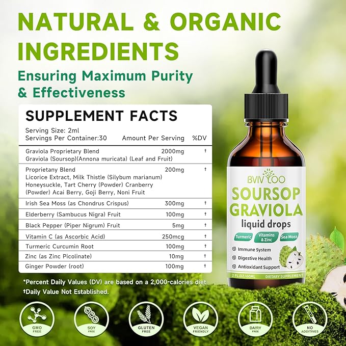 Soursop Graviola Liquid Drops - 2000mg Pure Soursop Extract Blended with 300mg Sea Moss & 100mg Elderberry - Powerful Cell Support, Antioxidant-Rich, Immune-Boosting - 2 Fl Oz (60ml) Bottle