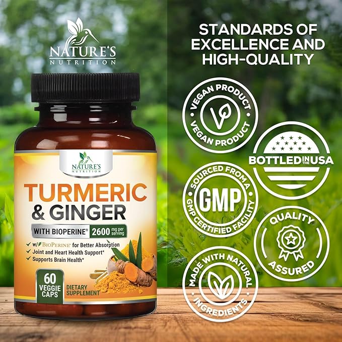 Turmeric Supplement Curcumin 2600mg - with Organic Ginger & Turmeric, BioPerine Black Pepper Extract 95% Curcuminoids - Advanced Absorption Antioxidant & Joint Support - Vegan - 60 Capsules