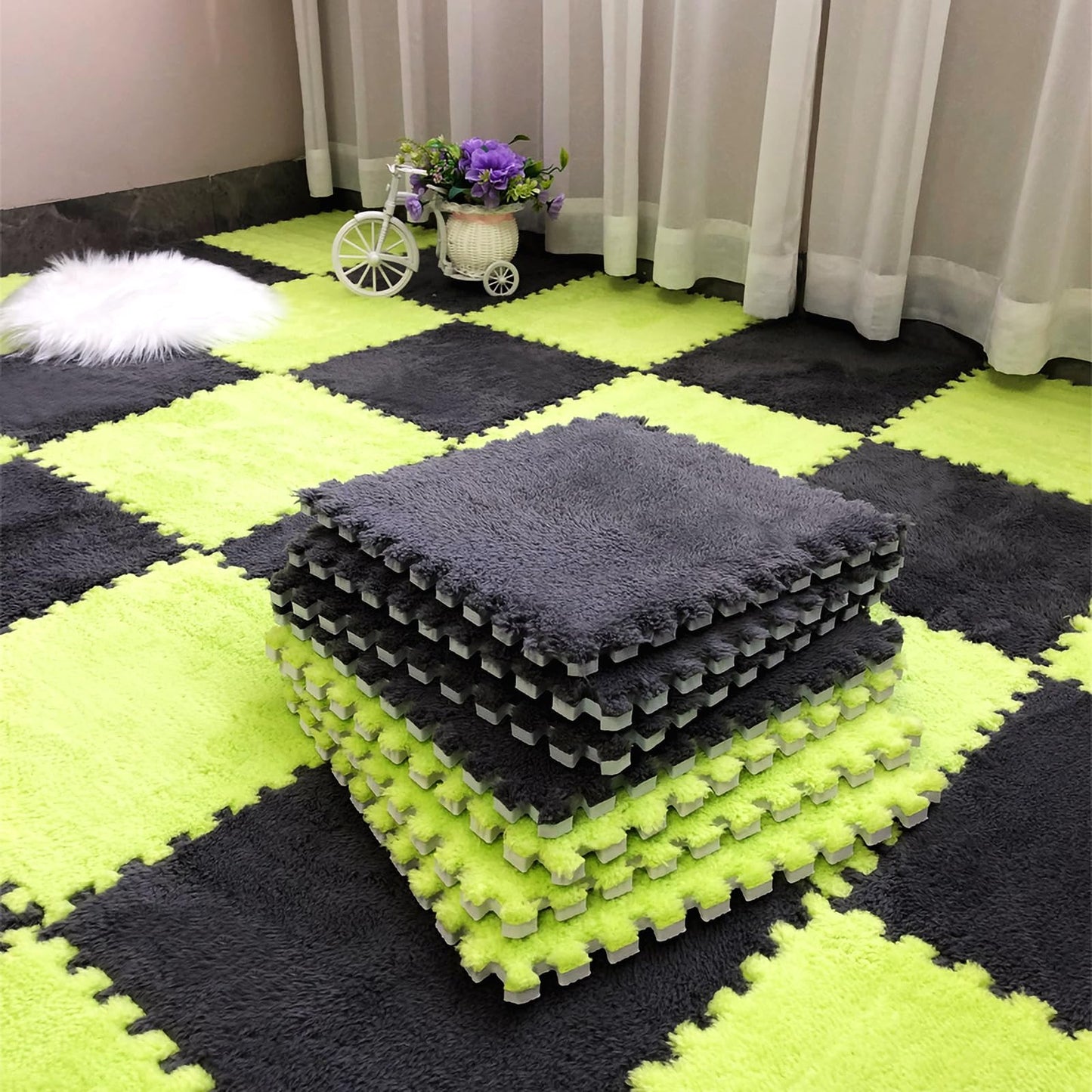 easycustomerlee 12pcs Tiled Puzzle Play Mats Interlocking Shaggy Soft EVA Foam Mats Protective Floor for Children Kids Room Home Parlor Bedroom(Green)