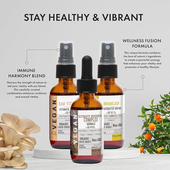Inflammation Defense Bundle: Ultimate Mushroom Complex with Lions Mane, Reishi, Cordyceps & Chaga, Raw Vitamin C, and Bromelain | Non-GMO | Gluten-Free | Sugar-Free | 2 Fl Oz | 240-Days Supply