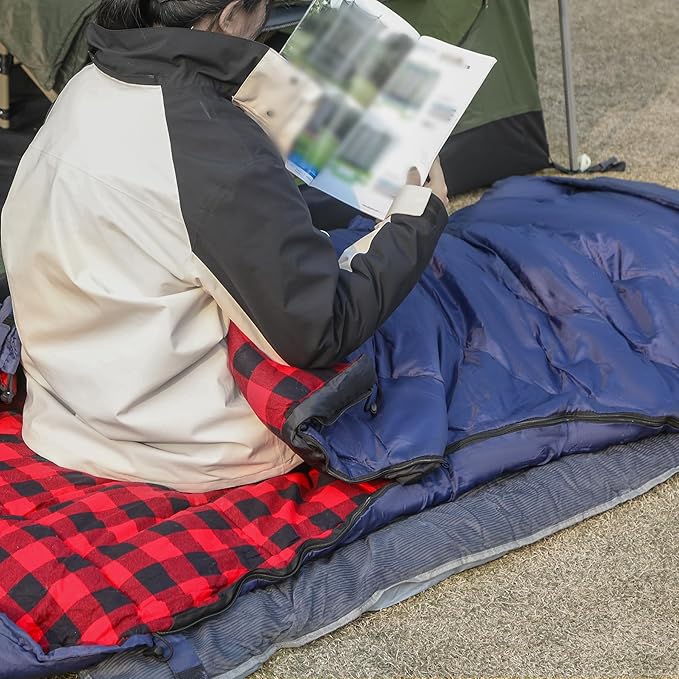 REDCAMP Flannel Sleeping Bag for Adults, Comfortable Cotton Sleeping Bags for Camping with Detachable Hood, Red/Grey/Blue