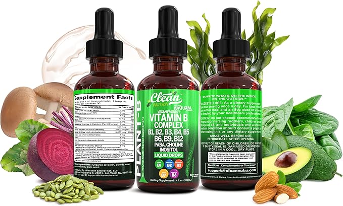 Vitamin B Complex Liquid Drops | Thiamine B1, B6, B2, B3, B4, B5, B7 B9, B12, Niacinamide, Paba, Choline Inositol Taurine Probiotics Beet Root Spirulina - Plant-B Vitamin Supplements by Clean Nutra
