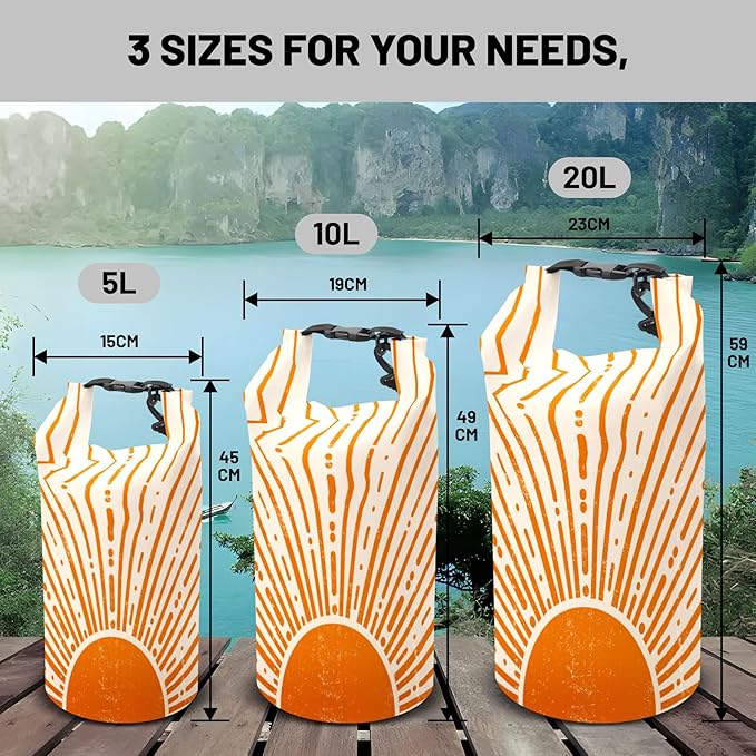Waterproof Dry Bag,Roll Top Modern Yellow Sunburst Sunrise Waterproof Backpack 5L/10L/20L Floating and Lightweight Bags for Kayaking, Boating, Fishing, Swimming and Camping with Waterproof Phone Case