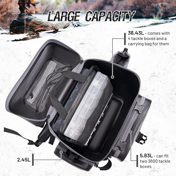 Fishing Tackle Backpack Dry Bag with rod holder 4 tackle boxes and Organizer, Waterproof 600D TPU Fabric with Heat Pressed Seams for Freshwater, Saltwater, Fly Fishing, Camping, and Hiking