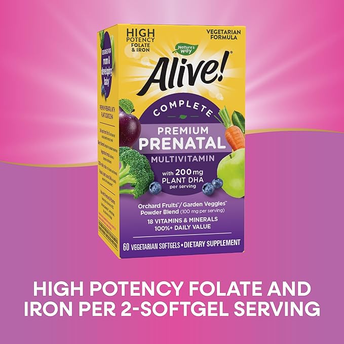 Nature's Way Alive! Complete Premium Prenatal Multivitamin for Women, Healthy Eye and Brain Development*, 60 Vegetarian Softgels