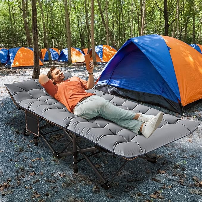 ABORON Folding Camping Cot W/Mat for Adults, Heavy Duty Outdoor Bed with Carry Bag,1200 D Layer Oxford Travel Camp Cots