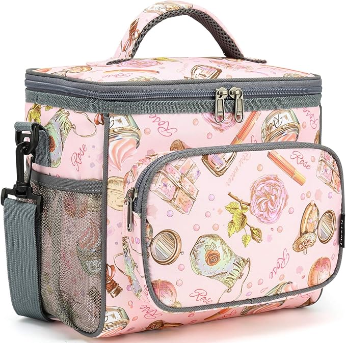 FlowFly Insulated Reusable Lunch Bag Adult Large Lunch Box for Women and Men with Adjustable Shoulder Strap,Front Zipper Pocket and Dual Large Mesh Side Pockets,Rose
