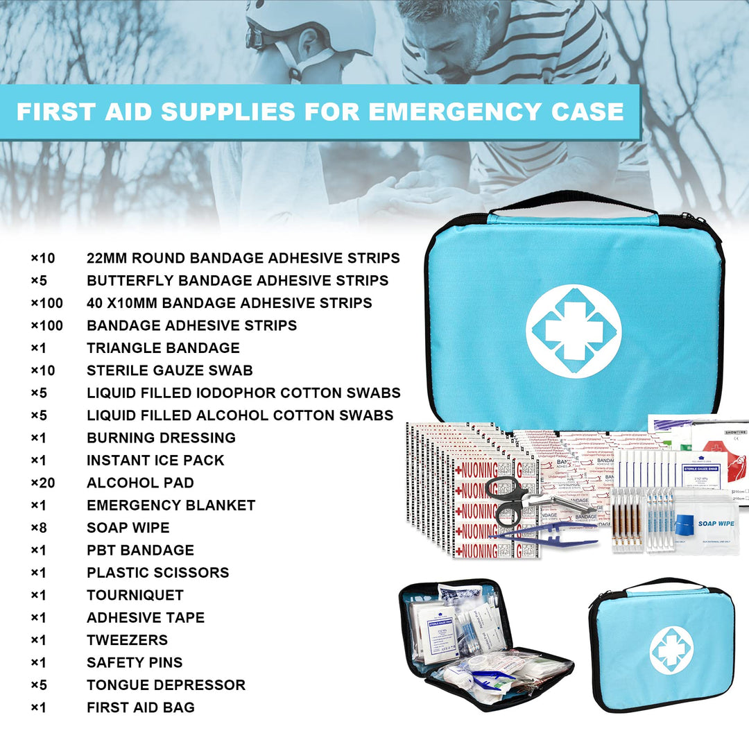 300 Piece Portable First Aid Kit Refill Supplies for Business Mini Home Emergency First Aid Survival Essential Kit for Outing Skating Waterproof First Aid Bag for Backpacking, Blue 1st Aid