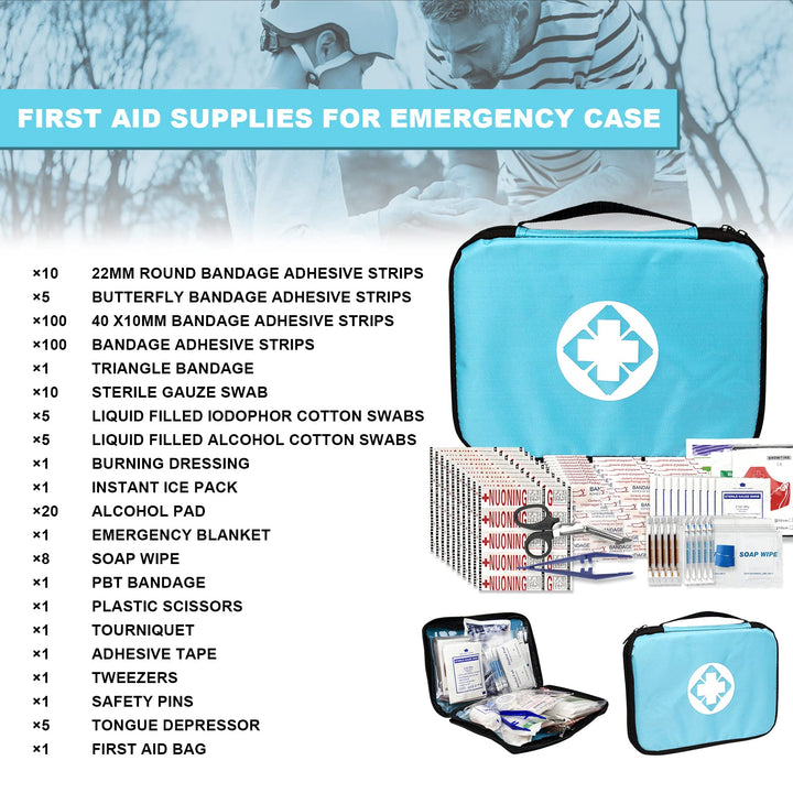 300 Piece Portable First Aid Kit Refill Supplies for Business Mini Home Emergency First Aid Survival Essential Kit for Outing Skating Waterproof First Aid Bag for Backpacking, Blue 1st Aid