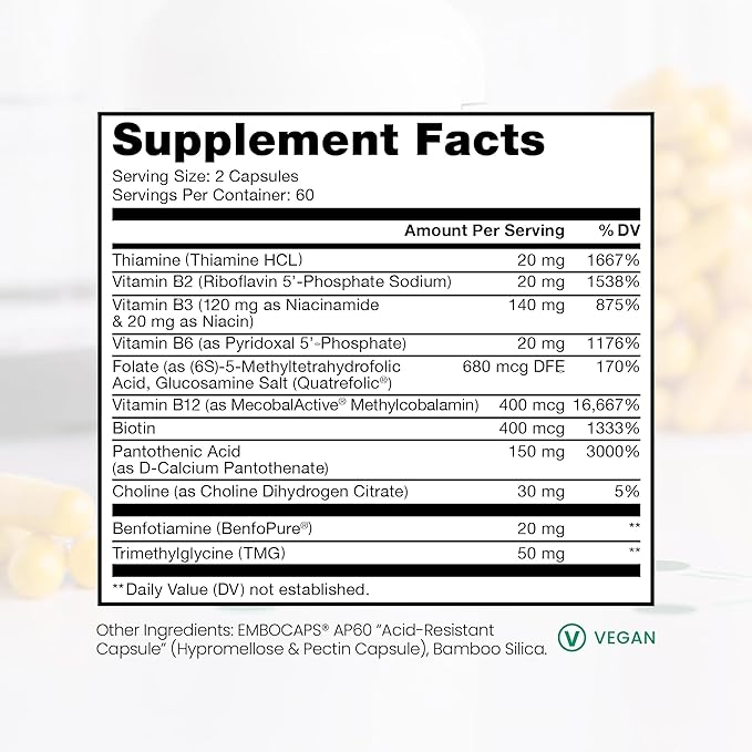 Pure TheraPro Rx Methylated B Vitamins for Men and Women, Made in USA 2 Month Supply | Active Methyl B Complex Vitamins Including Methyl B12, Methylfolate, Benfotiamine, Choline, Niacin, TMG & More