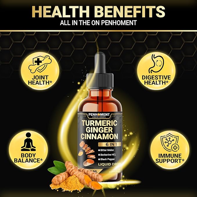 6in1 Liquid Turmeric Curcumin with Ginger, Berberine Extract, Ceylon Cinnamon, Bitter Melon, Black Pepper - Drops Extract - 2FL oz - 60 Servings