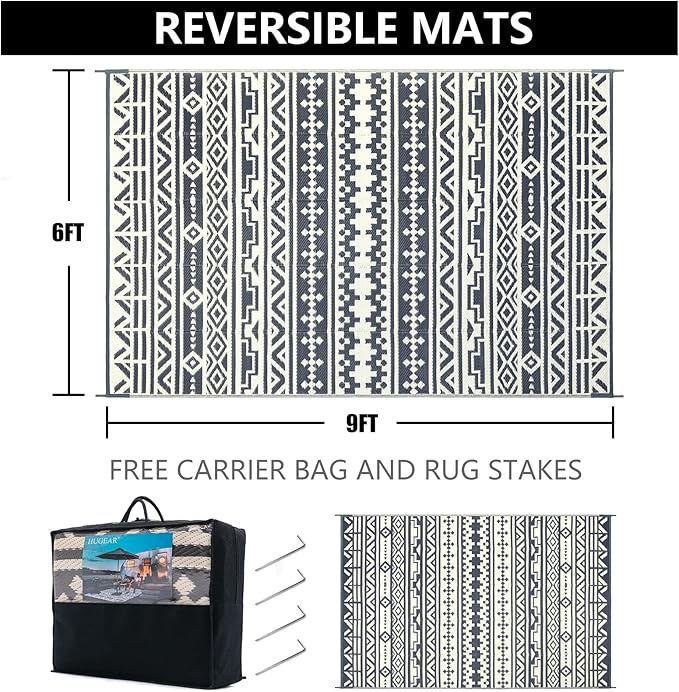 RV Outdoor Rug Waterproof Mat Outdoor Rugs 6'x9' for Patios Clearance Carpet Outdoor Camping Rugs Large Plastic Straw Rug (Geometric Boho Grey&White)