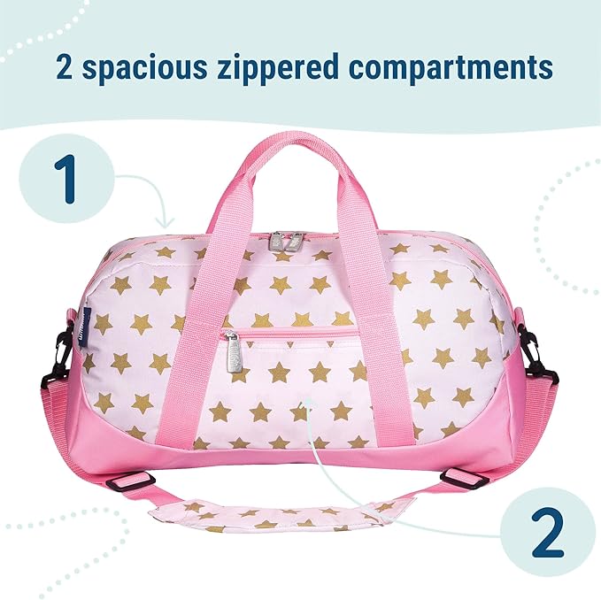 Wildkin Kids Overnighter Duffel Bag – Carry-On Size, Ideal for School & Sleepovers – Pink and Gold Stars