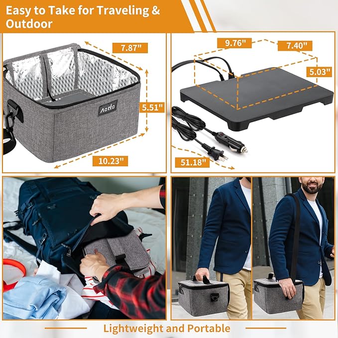 Aotto Portable Oven, Electric Lunch Box Food Heater - 12V/24V/110V 3-in-1 Car Food Warmer - Heated Lunch Box for Adults - Cook, Reheat & Keep Meals Warm for Car, Truck, Travel, Work, Home - Grey