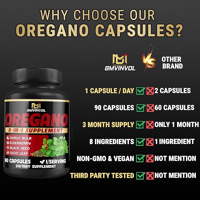 BMVINVOL Oregano Supplement | Black Seed, Garlic, Elderberry, Olive Leaf, Quercetin, Bromelain, Black Pepper - 8in1 Immune & Digestive Support 90 Capsules [3-Month Supply]