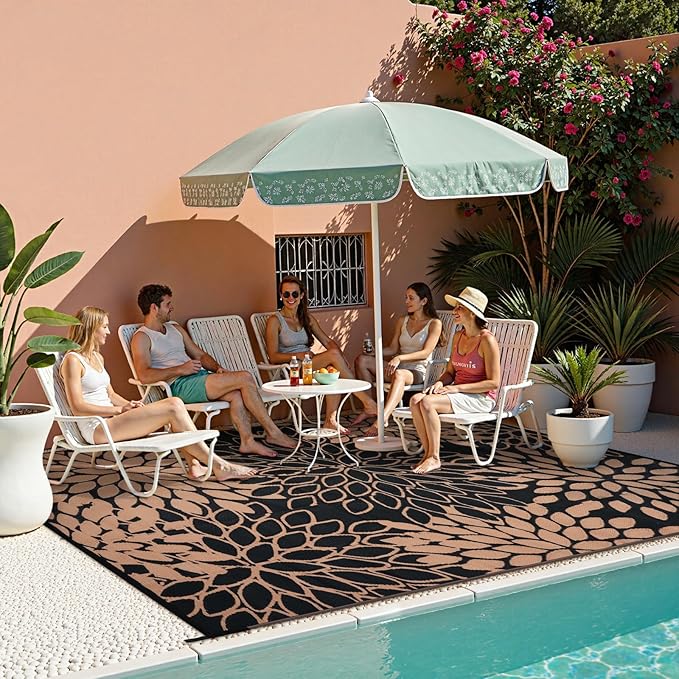 Anidaroel 8x10 Flower Outdoor Rug for Patios Clearance, Waterproof Camping Rug for Outside RV, Reversible Plastic Straw Outside Area Rugs for Garden, Camper, Picnic, Beach(Black/Brown,8'x10')