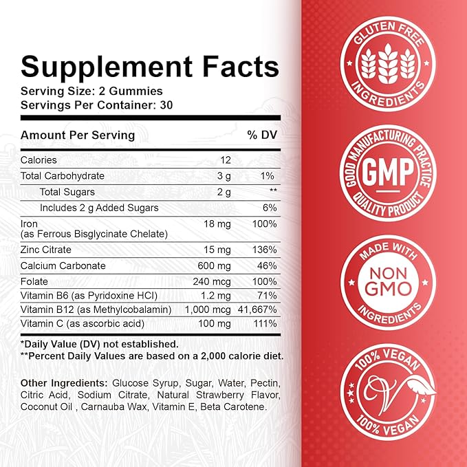 Iron Gummies - with Calcium, Zinc, Folate & Vitamin B12, C, B6 for Adults & Kids - Blood Builder & Energy Support for Iron Deficiency, Anemia, Vegan - 2 Pack Strawberry Flavour,60 Gummies