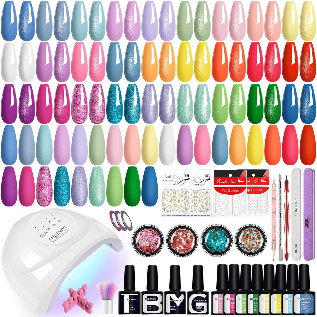 PHOENIXY Gel Nail Polish Kit with U V Light, 51 Pcs Blue Purple Green White Pink Blue Yellow Red Gel Nail Polish Set with 48W Nail Lamp Gel Nail Kit Gifts for Women