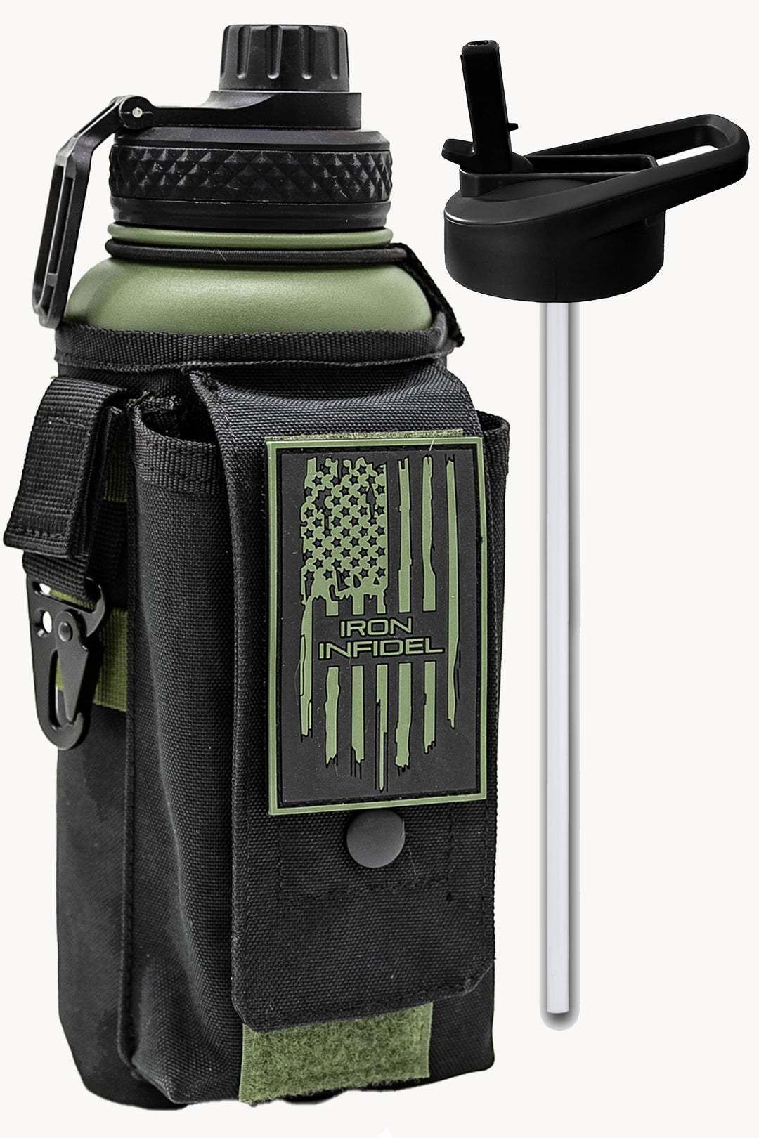 Iron Infidel Battle Bottle - 32 Oz Insulated Water Bottle with Straw Lid & Chug Cap, Stainless Steel Metal Flask Includes Rugged, Removable Sleeve for Keys, Wallet, & Phone (Widowmaker 1 Liter)