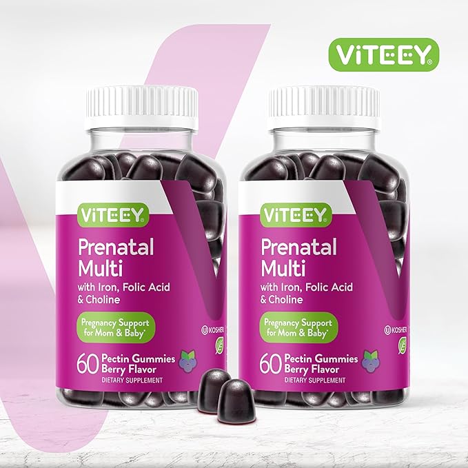 Viteey Prenatal Multi with Iron, Folic Acid & Choline Gummies - Prenatal Multivitamin with Iron, Choline and Folic Acid Gummies - Vegetarian, Gluten Free - Chewable Berry Flavored Prenatal for Women