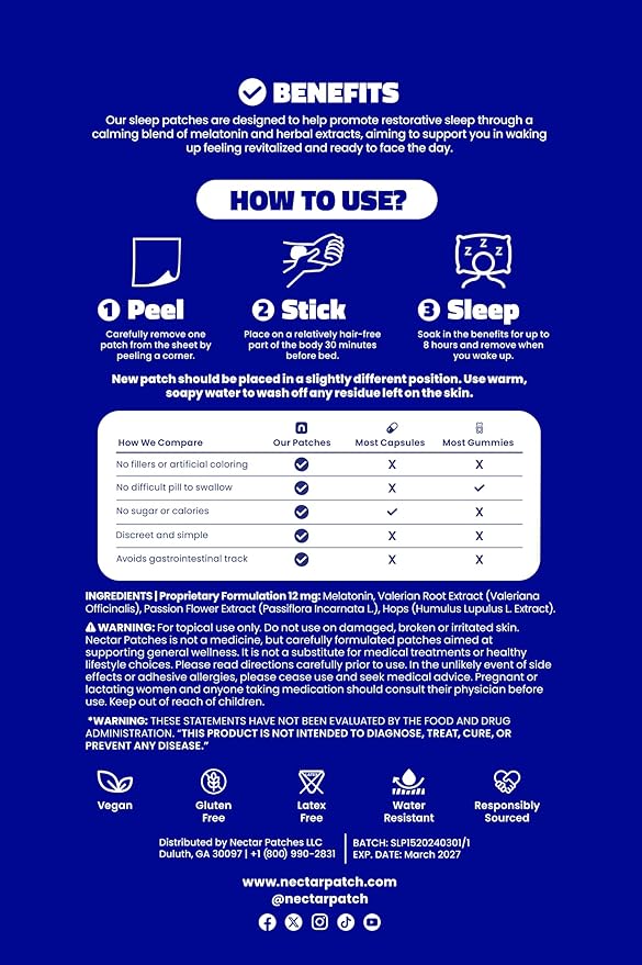 10x Sleep Patches with 6mg Melatonin, Valerian Root, Passion Flower & Hops | Extra Strength Formula for Deep, Restful Sleep | Easy-to-Apply, Long-Lasting & Comfortable