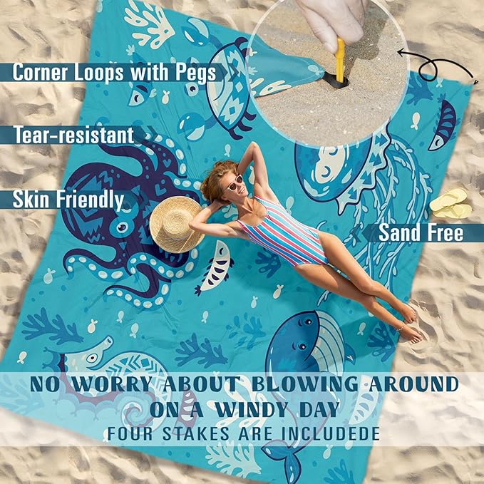 Beach Blanket Sandproof Waterproof 78''×81''1-5Adults Oversized,Compact Lightweight Durable Beach Mat for Travel Camping Hiking Picnic Blanket