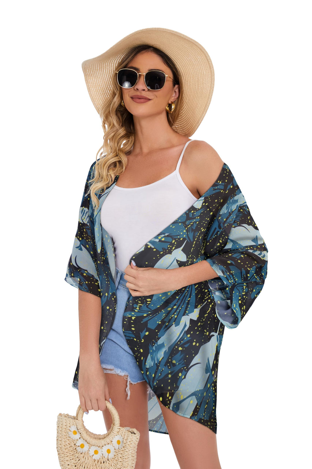 Womens Casual Coverup Summer Kimono Cardigan Hawaiian Shirts Loose Blouse Duster （Firefly Blue Print,S）