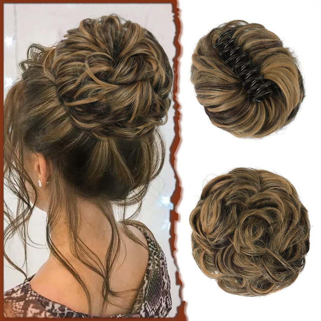 Sofeiyan Claw Clip Messy Bun Hairpieces Wavy Curly Hair Bun Clip in Claw Chignon Ponytail Hairpiece Tousled Updo Hair Extensions Synthetic Scrunchie Hair Piece for Women, Brown/Caramel Blonde