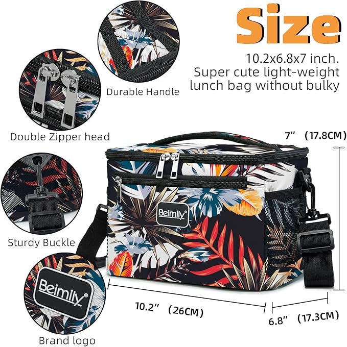 BEIMILY Lunch Box for Men/Women,Small Insulated Lunch Bag,Reusable LunchBox for work Picnic Beach,Leakproof Soft Cooler Tote Bag Organizer with Adjustable Shoulder Strap for Adults(plantflowers)