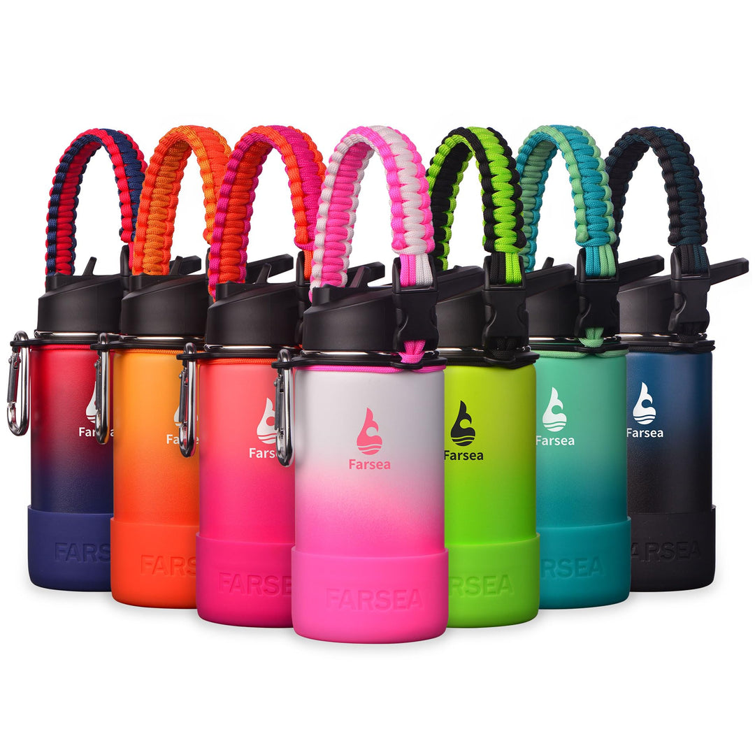 Farsea Insulated Water Bottle With Paracord Handle, Protective Silicone Boot and 2 Lids (Straw Lid & Spout Lid), Stainless Steel Water Bottle Wide Mouth, Double Wall Sweat-Proof BPA-Free,12 oz