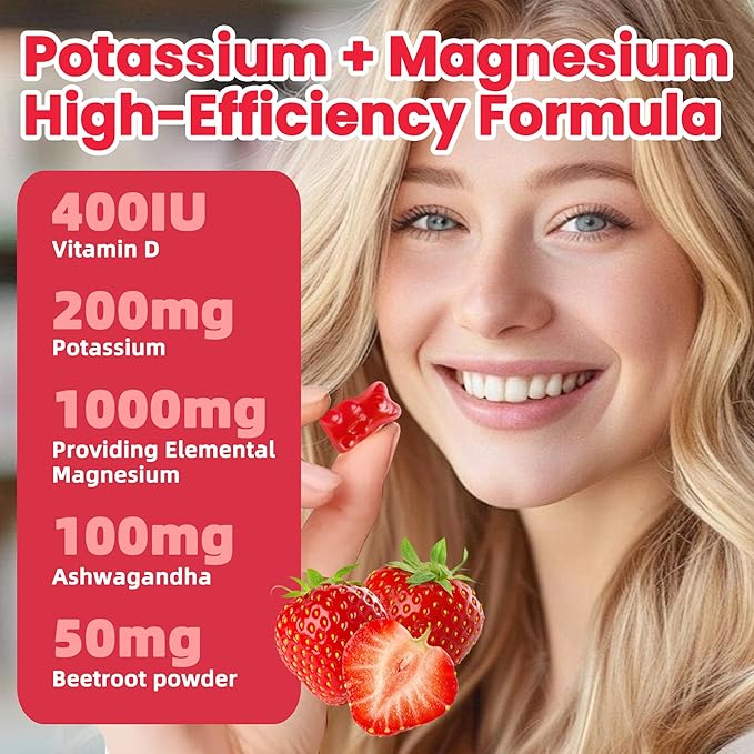 Potassium Magnesium Gummies,High Absorption Magnesium Glycinate,B6,D3,Potassium Citrate for Leg Cramps,Muscle,Electroyte for Adults Kids,Sugar-Free, 120 Gummies (Strawberry Flavor)
