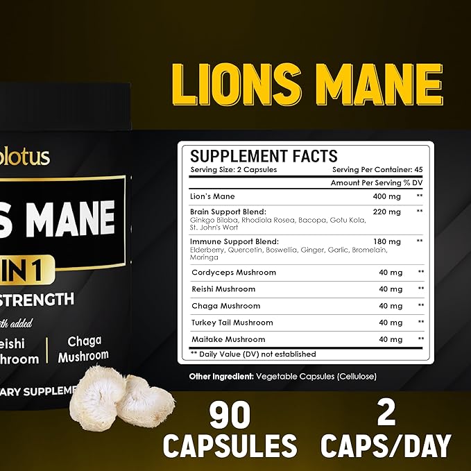 Zolotus Lions Mane Mushroom Complex Capsules with Cordeyceps, Elderberry, Ginkgo Biloba, Bacopa - 90 Capsules
