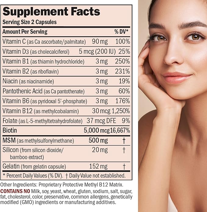 ANDREW LESSMAN Healthy Hair, Skin and Nails 60 Capsules - 5000 mcg High Bioactivity Biotin, B-Complex. Promotes Beautiful Skin, Strong Nails. No Additives Hair Growth Vitamins Biotin Supplement