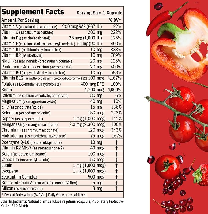 ANDREW LESSMAN Essential-1 Multivitamin 1000 IU Vitamin D3 180 Small Capsules - 100 mcg Methyl B12. CoQ10 Lutein Lycopene Zeaxanthin. High Potency. No Additives. Ultra-Mild. One Daily Capsule