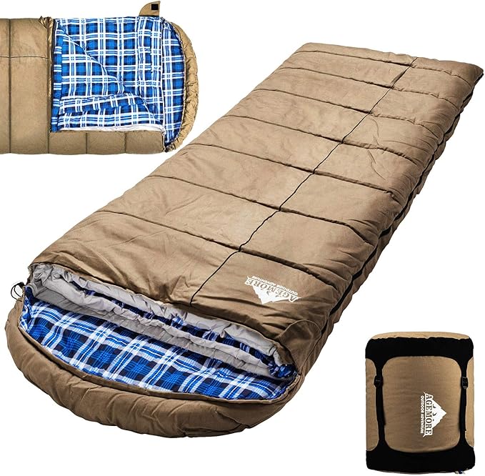 AGEMORE 0 Degree Canvas Sleeping Bag for Fishing, Hunting, Traveling and Camping Particularly in Cold Winter Outdoor with Removable Flannel Liner and Free Compression Sack for Big and Tall Adults