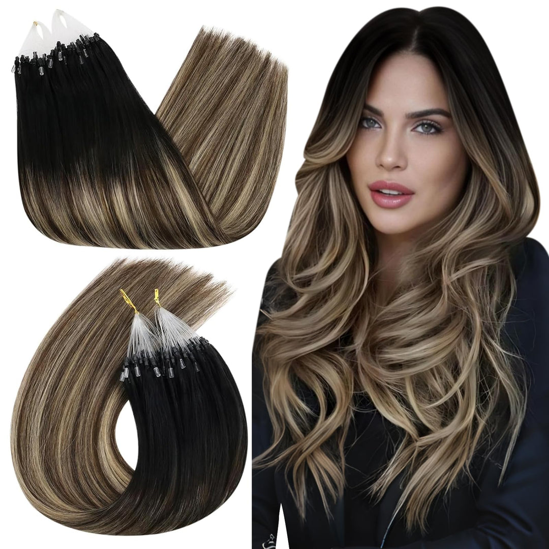 Ugeat Micro Loop Hair Extensions Real Human Hair Black Micro Hair Extensions Human Hair Balayage Dark Brown Ombre Caramel Blonde