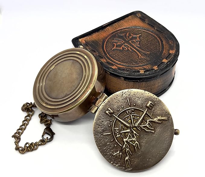 Antique Brass Compass with Detachable Chain & Carrying Case – Vintage Nautical Navigation Tool for Outdoor Hiking, Survival, and Travel – Gift for Collectors and Adventurers