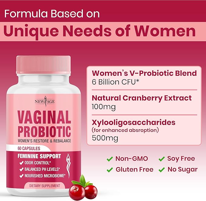 NEW AGE Vaginal Probiotics for Women with Prebiotics, Cranberry Extract, and a Lactobacillus Probiotic Blend, Supports Healthy pH Balance, Odor Control, Vaginal Flora - 180 Capsules