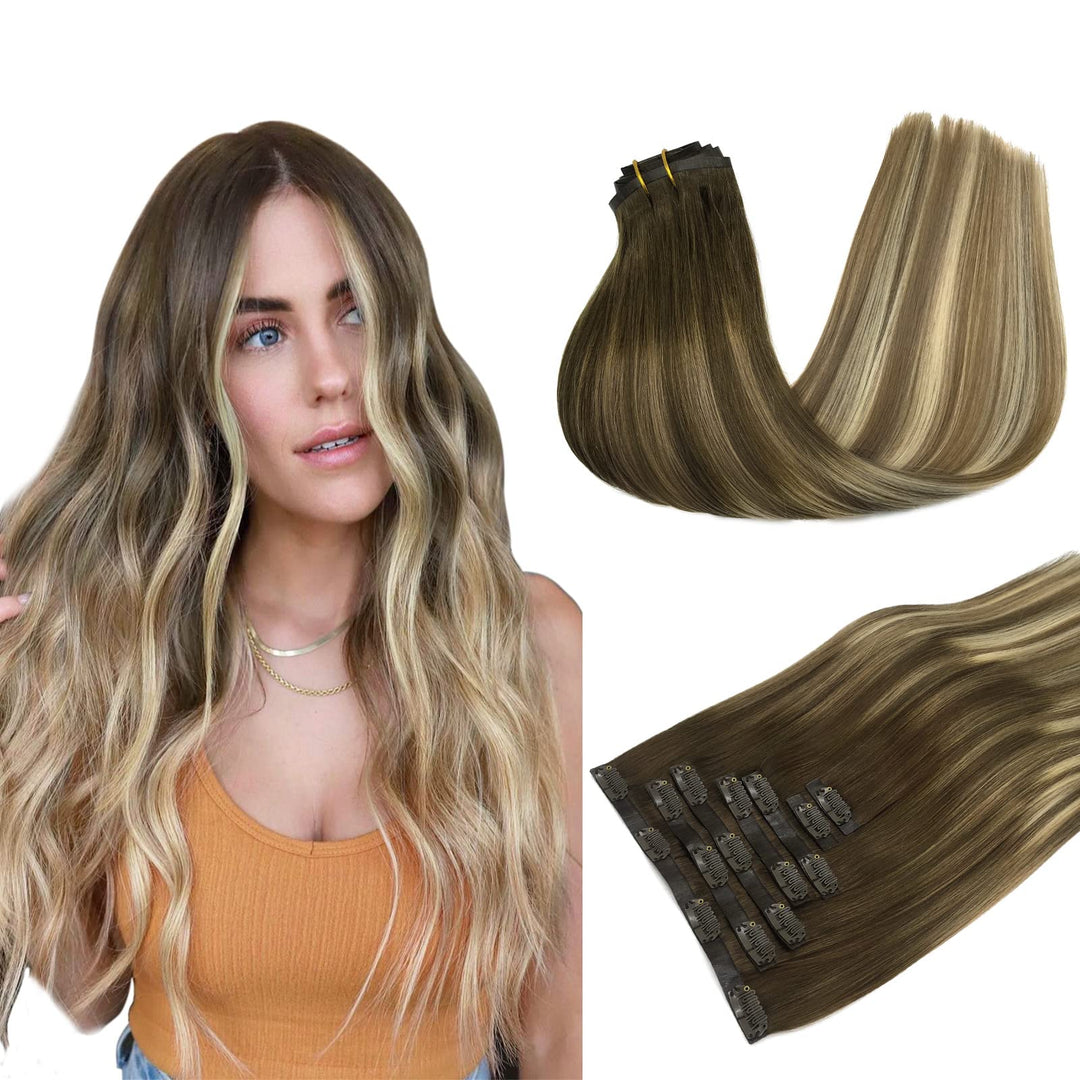 Hair Extensions Clip In Human Hair, 110G 7Pcs Balayage Walnut Brown To Ash Brown And Bleach Blonde 18 Inch, Maxita Clip In Hair
