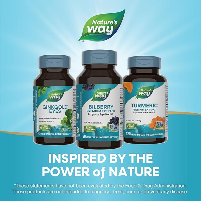 Nature's Way Bilberry Premium Extract, Supports Eye Health*, Eye Health Supplement for Adults with Black Elderberry*, Gluten Free, Vegan, 90 Capsules