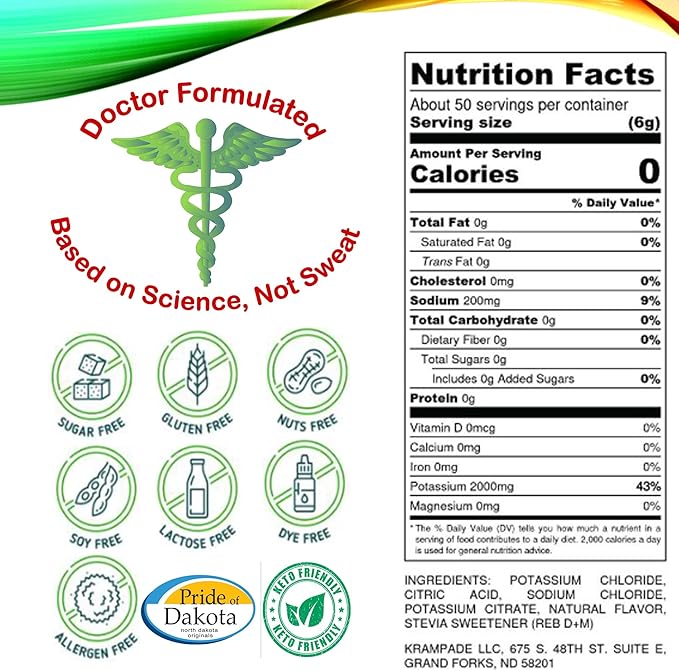 Electrolytes Powder Potassium Supplement - 2000 mg K+, >2X More Than Coconut Water | Cramp Relief and Prevention | Hydration Powder