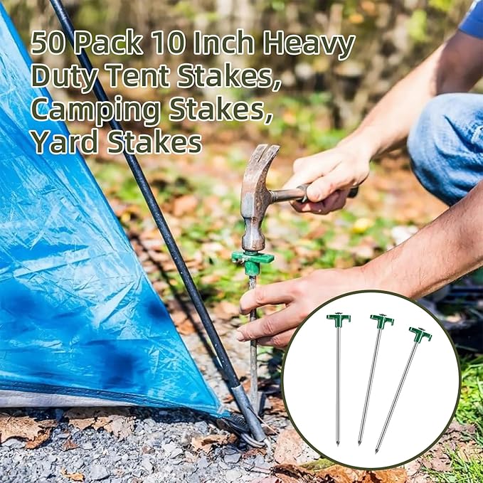 50 Pack Tent Stakes Heavy Duty 10 Inch Camping Stakes Yard Stakes Metal Tent Pegs for Ground Stakes Tent Spikes for Camping Garden Yard (Green)