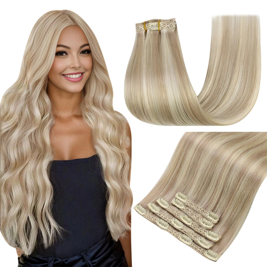 Easyouth Clip in Hair Extensions Real Human Hair Highlight Clip in Hair Extensions Ash Blonde Highlights Bleach Blonde Hair Extensions Clip ins Double Weft 12 Inch 70g 5pcs