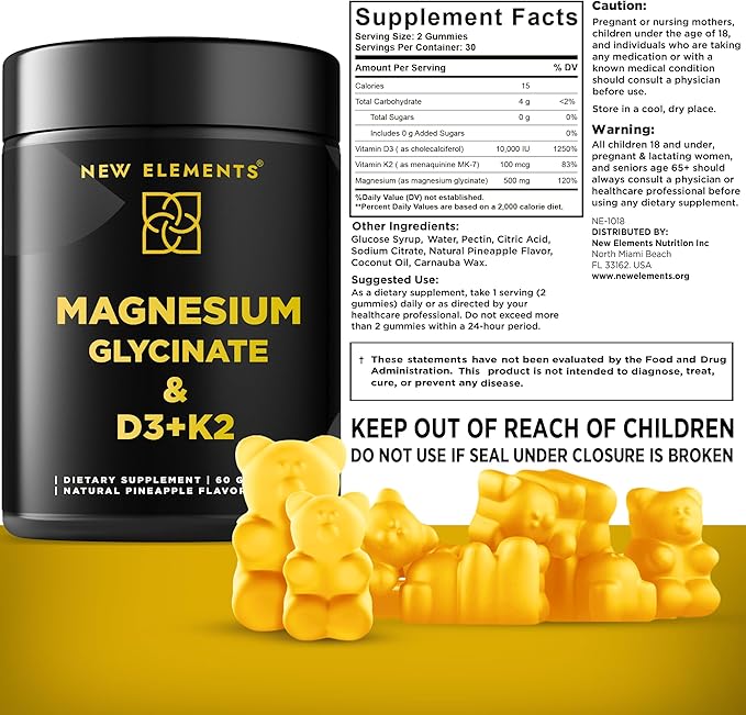 Calm Magnesium Glycinate Gummies 500mg with High-Potency Vitamin D3 10000iu & Vitamin K2 100mcg | Stress Relief, Relaxation & Bone Support for Adults | Vegan, Non-GMO, Gluten-Free, Pineapple Flavor
