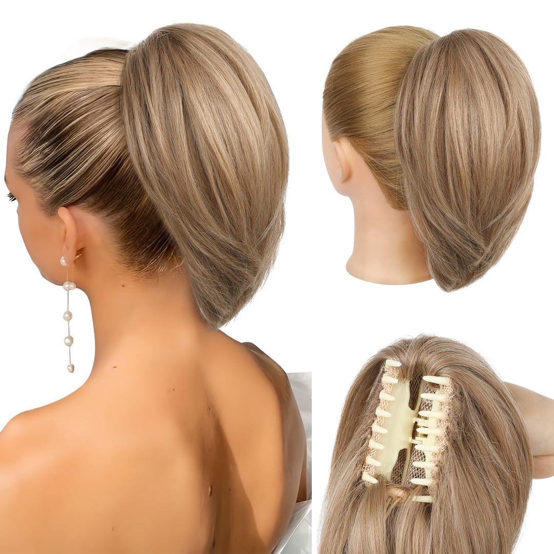 NTYNTY Ponytail Extension, 10" Short Claw Clip in Ponytail Hair Extensions Messy Bun Hair Piece Natural Soft Synthetic Straight Pony Tail Hair Pieces for Women (Dark Blonde)