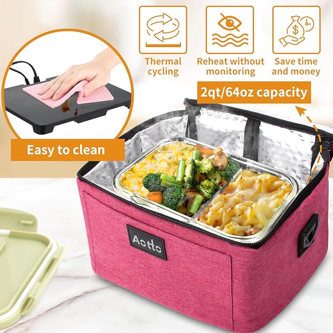 Aotto Portable Electric Lunch Box Food Heater, 12V/24V/110V 3-in-1 Car Food Warmer Heated Lunch Box for Adults, Cook, Reheat & Keep Meals Warm for Car, Truck, Travel, Work, Home - Pink