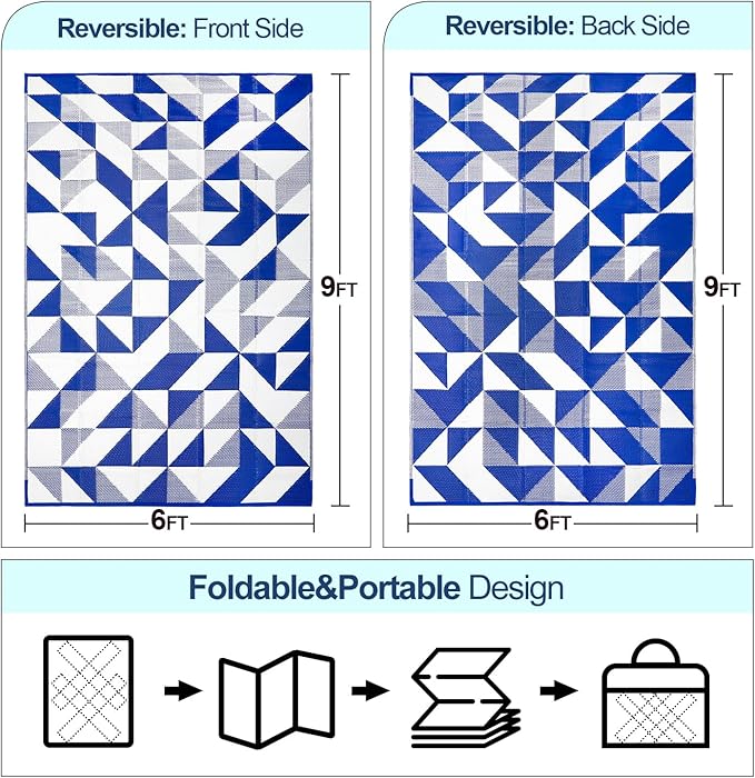 Outdoor Rug Mat for Patio, 6x9ft Waterproof Reversible Plastic Straw Rugs, Camping Carpet Area Mats for RV, Porch, Deck, Backyard, Balcony, Camper, Trailer, Blue & White